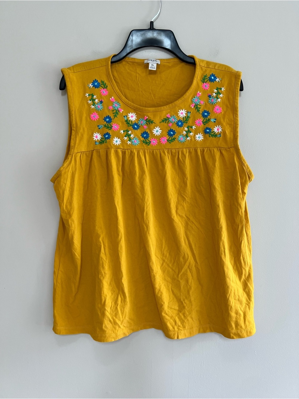 J. Crew Embroidered-Yoke Cotton Sleeveless Tank Tee, Sunset Yellow Gold, size XL